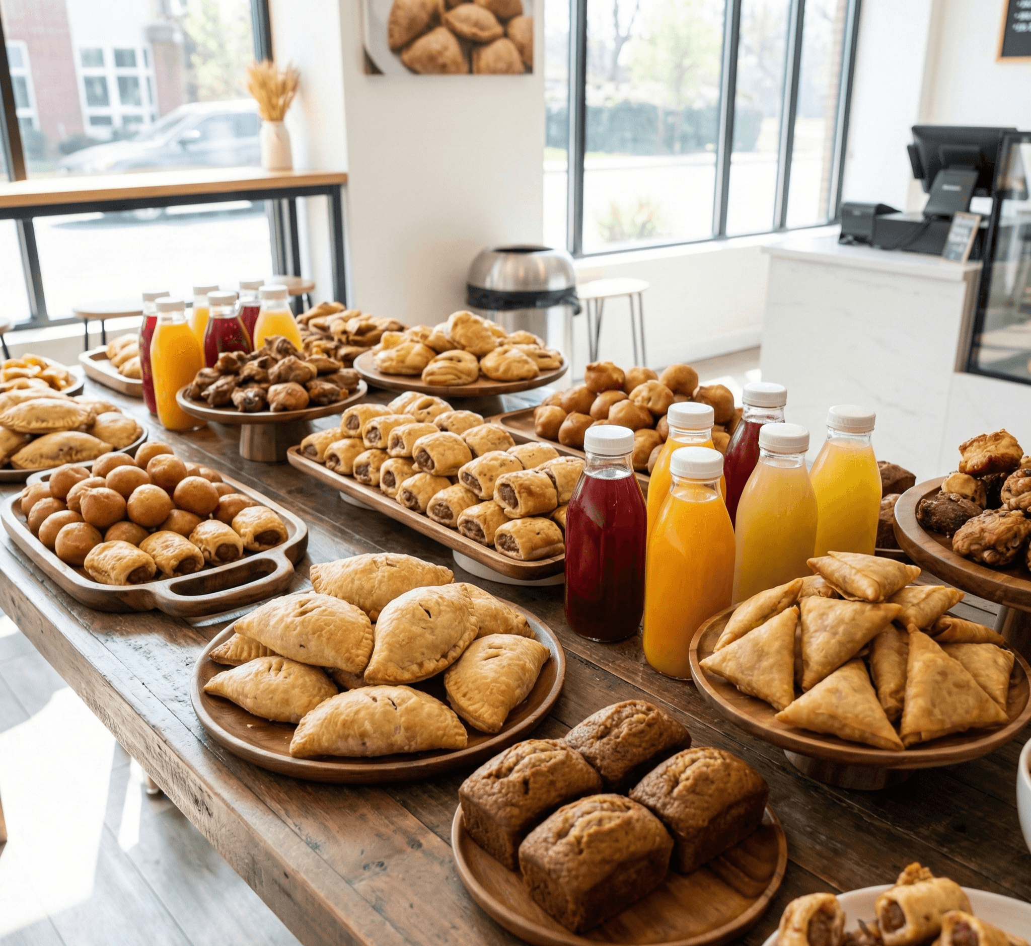Catering spread with sandwiches, juices and pastries